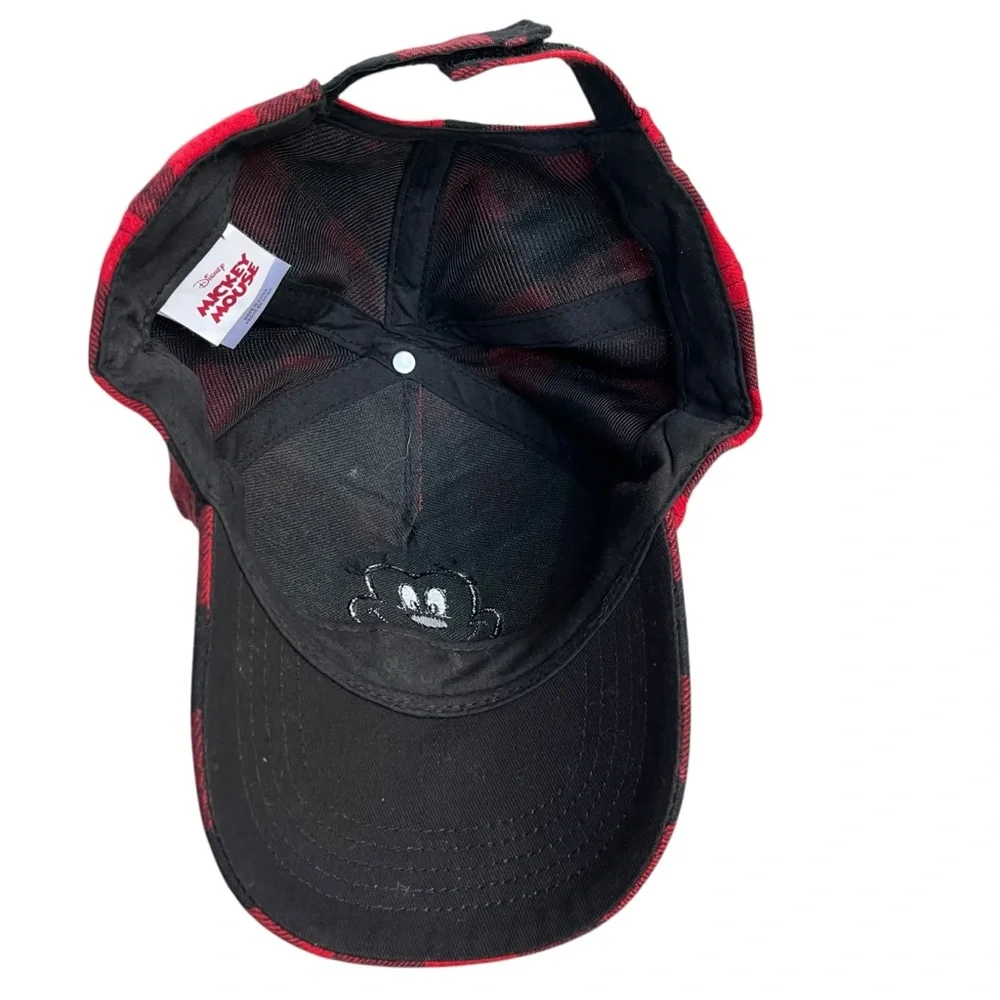 Disney Mickey Mouse Kid One Size Red Black Buffalo Plaid Adjustable Baseball Hat